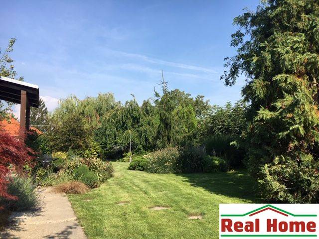 The garden at the family house in Čierna Voda with rich planting and well-maintained lawn.