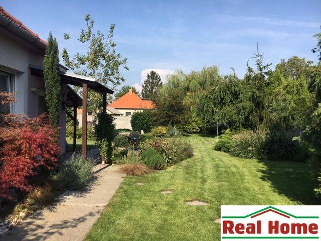 A garden at a family house in Čierna Voda with a lawn and greenery.