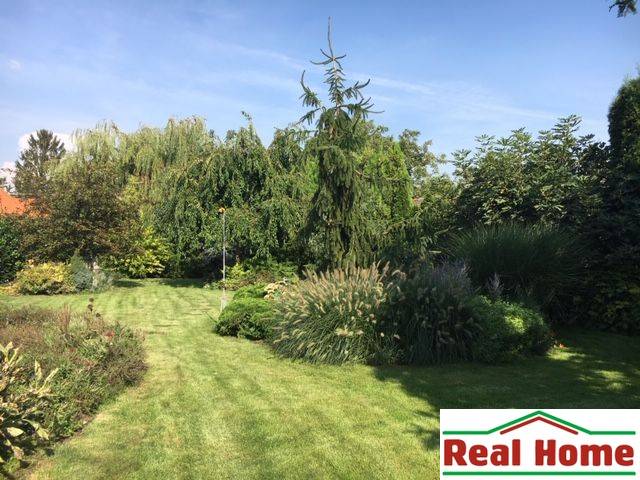 A garden at a family house in Čierna Voda with lush greenery and a lawn.