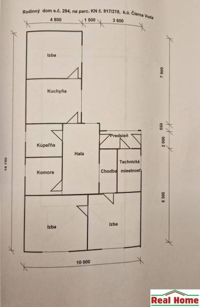Floor plan of a family house in Čierna Voda with spacious rooms and a utility room.