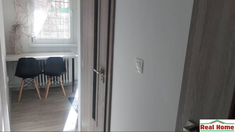 Interior of a 1-room apartment with doors and flooring featuring a wood decor.