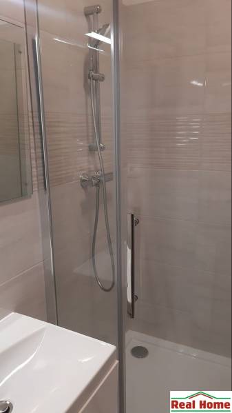 A shower enclosure in the bathroom of a studio apartment with glass doors and a white vanity cabinet.