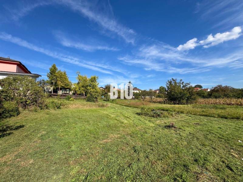 Greenery, trees, and buildings on plots in Nitra for housing.