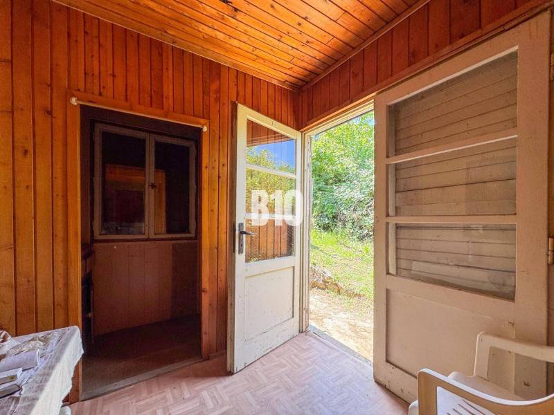 Wooden interior of a cottage with open doors to the garden, Vineyards.