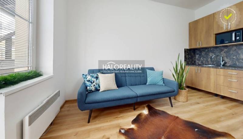 Blue sofa, kitchenette, and wooden decor flooring in a 3-room apartment.