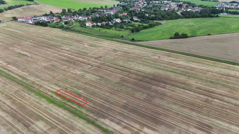 Agricultural and forest lands near Nová Ves nad Váhom with a village in the background.