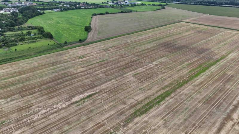 Agricultural and forest land near Nová Ves nad Váhom with a threshed field and green trees.