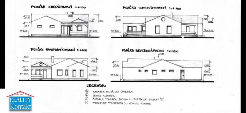 Architectural design of a residential building shows four different views. Plots - housing, Tvrdošovce.
