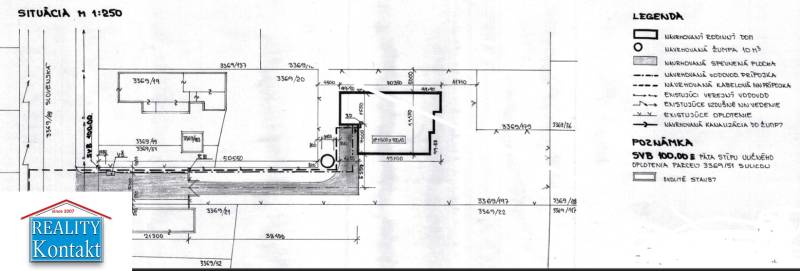 Land plan for residential plots in Tvrdošovce with a proposal for utility networks and a family house.