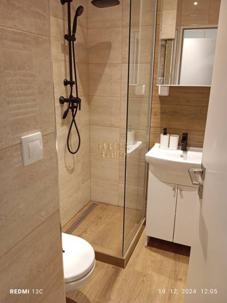 A bathroom in a studio apartment with a wood-patterned floor and a shower corner.