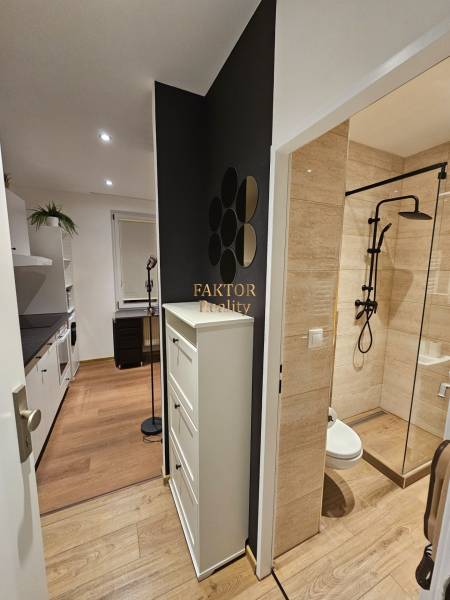 Compact studio apartment with wood-patterned flooring, modern kitchen, and designer bathroom.