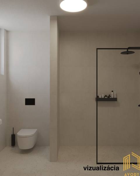 Bathroom in a 2-room apartment with a toilet, shower, and neutral tiles.