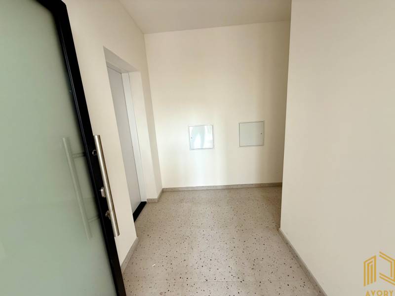 A hallway in a 2-room apartment with white walls and doors with glass inserts.