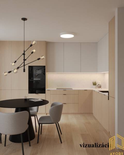 The visualization shows a kitchen with a dining table in a 2-room apartment, light wood dominates.