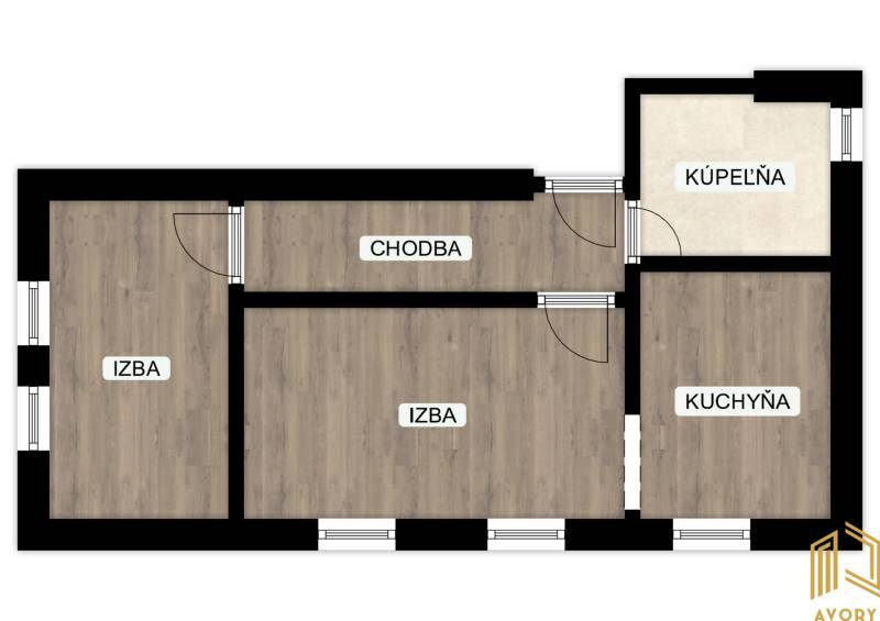 Floor plan of a 2-room apartment with a hallway and kitchen, wooden decor flooring.