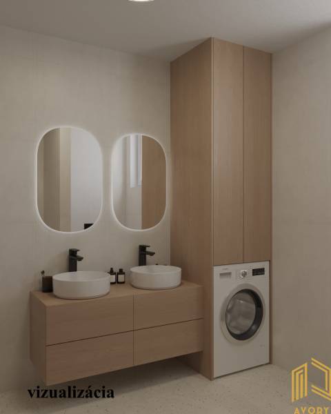 Bathroom with wooden furniture and two sinks, washing machine for laundry.