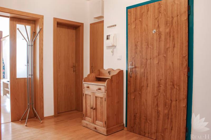 Entrance hall of a 3-room apartment with wooden doors and a wardrobe.
