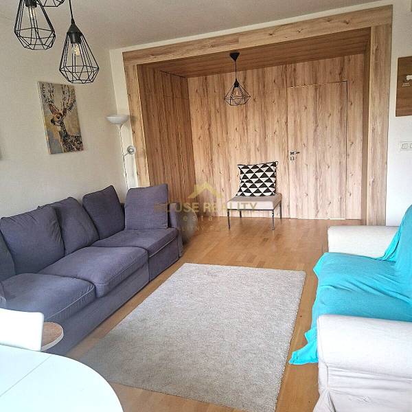 Living room in a 2-room apartment with sofas, wood-patterned flooring, and decorative lighting.