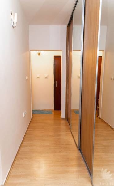 Hallway in a 2-room apartment with a wood-patterned floor and a built-in wardrobe.