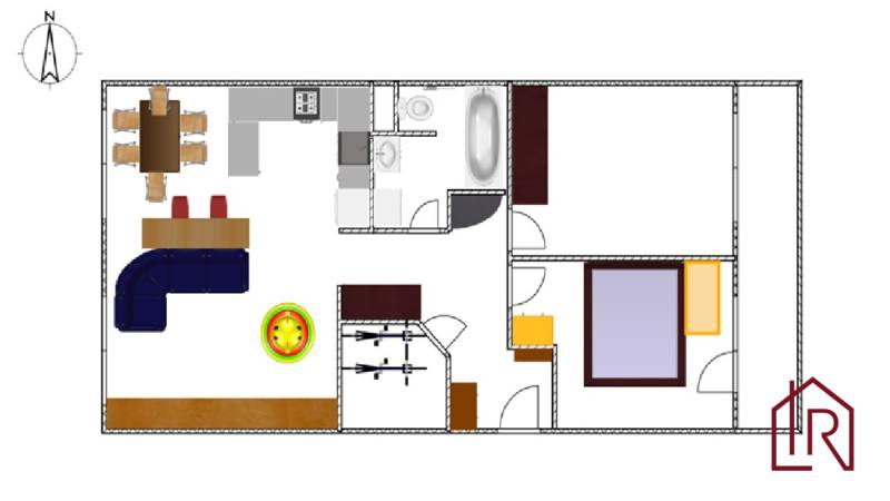 Floor plan of a 3-room apartment with furniture layout and bathroom equipment.