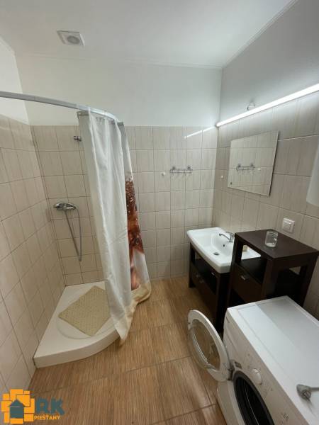 A bathroom in a family house with a washing machine, a shower corner, and a floor with a wooden decor.