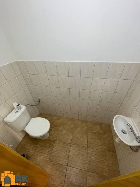 A toilet with a sink in a family house with tiles and cladding.