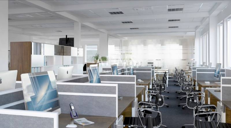 Offices with computers and chairs, wooden decor flooring, and workspace.