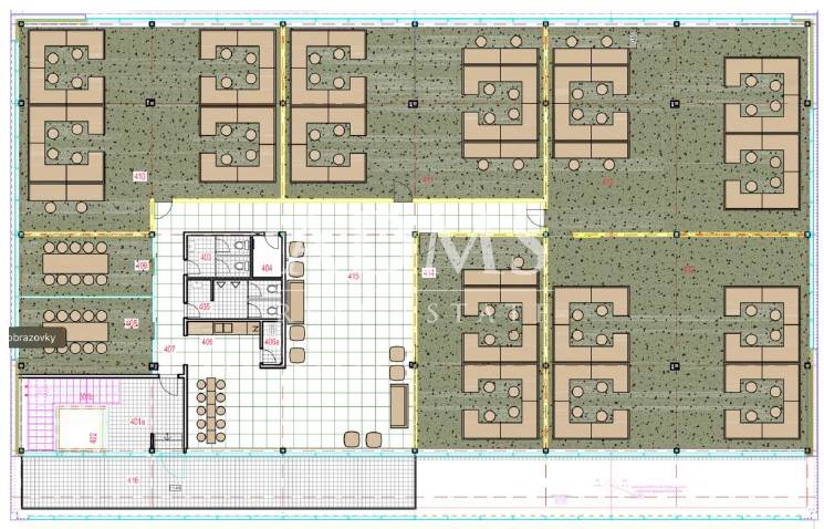 Office layout with workstations and relaxation area.