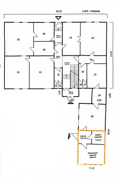 Floor plan of offices with rooms and staircases in the building, suitable for administration.