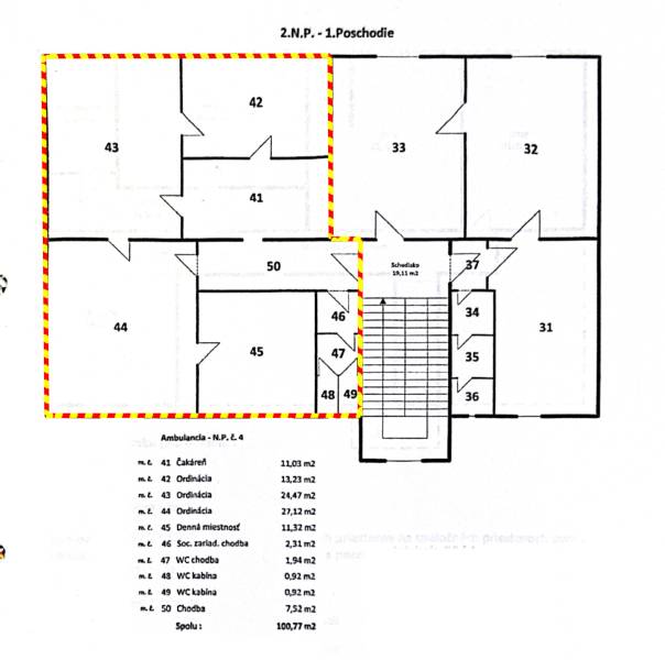 Floor plan of offices on the first floor with highlighted rooms and area.