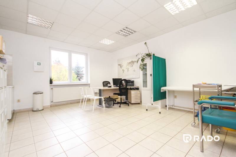 Bright office with a desk, chairs, a plant, and a map on the wall.
