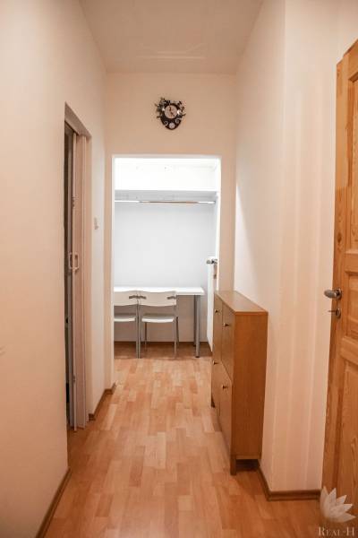 A hallway with a wooden decor floor and white walls in a 2-room apartment.