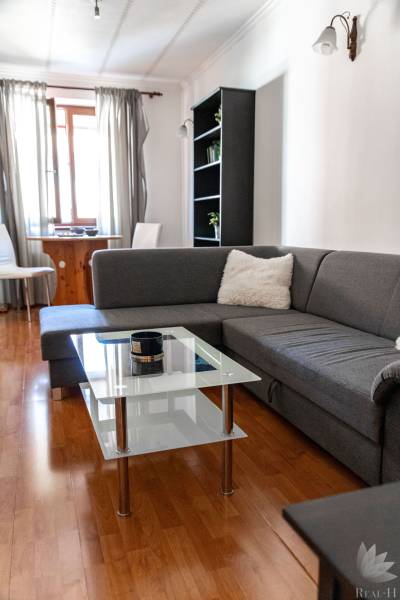 Living room in a two-room apartment, gray sofa, glass table, wooden decor flooring.