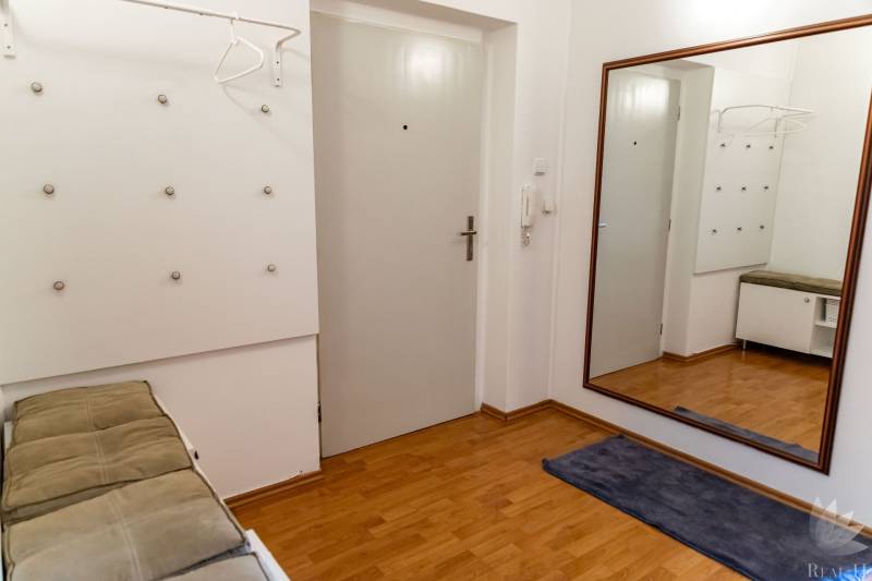 The entrance hall of a 2-room apartment with a wooden decor floor, a mirror, and a coat rack.