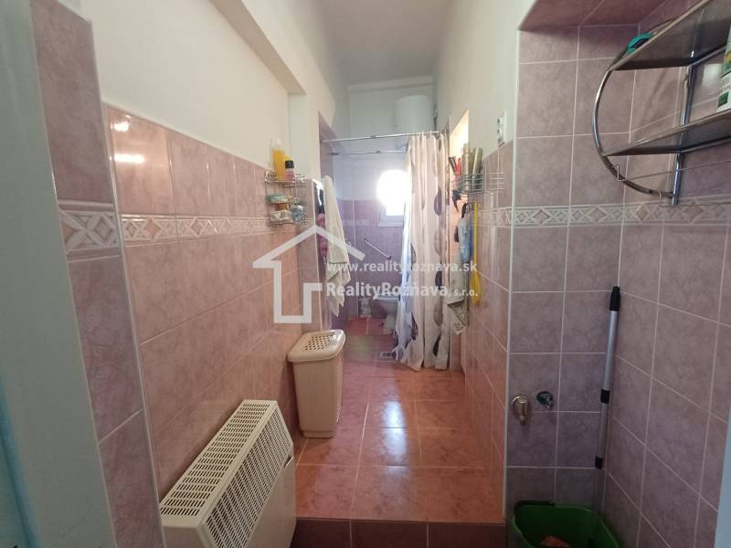 A bathroom in a family house with pinkish tiles and a shower corner.