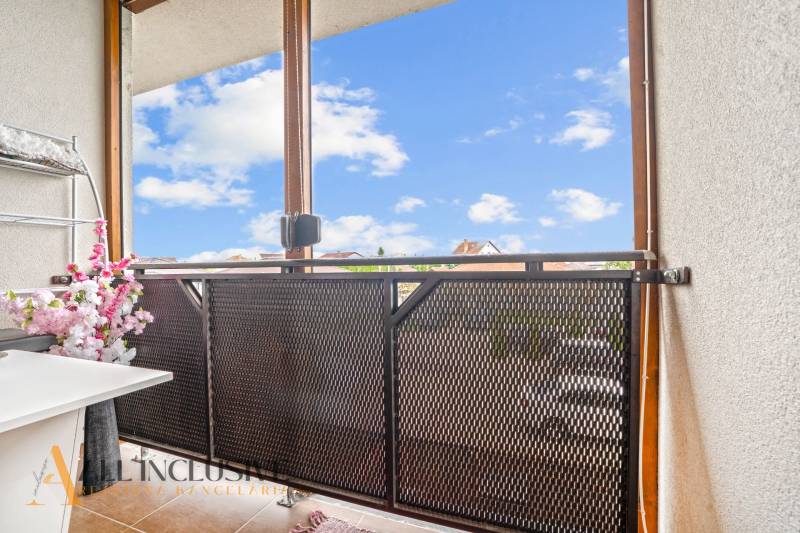 A balcony of a 3-room apartment with a view of the roofs and sky, flowers in a flowerpot.