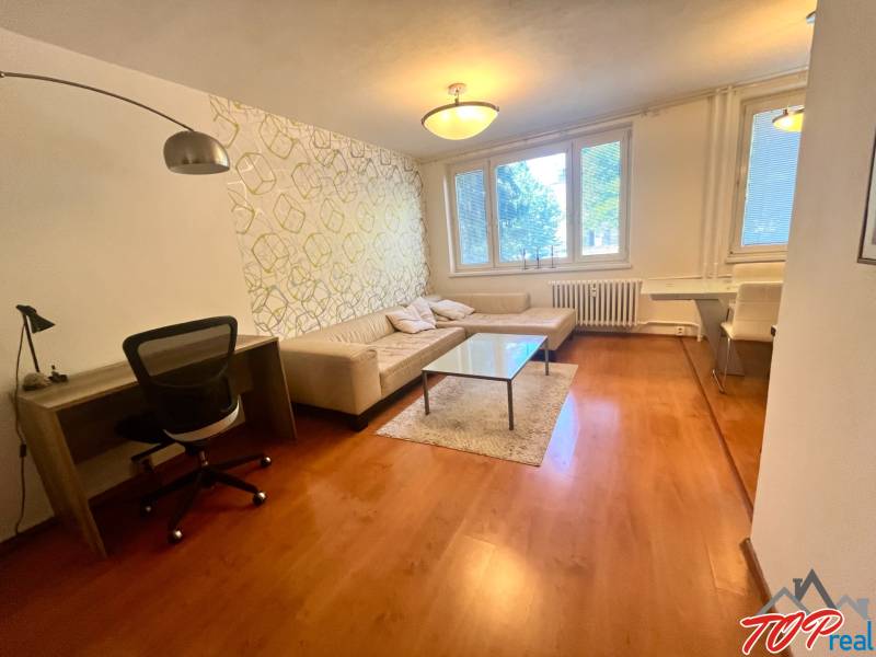 Living room in a 3-room apartment with a sofa, table, and desk.