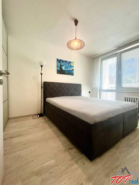 Bedroom with a double bed, a painting, and a floor lamp in a 3-room apartment.