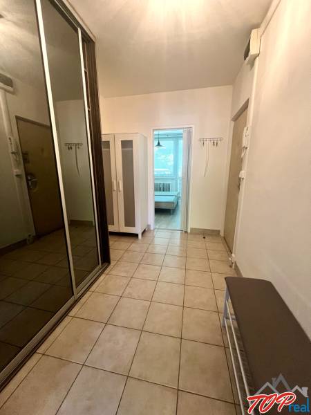 Entrance hallway with tiles in a 3-room apartment, wardrobe, and shoe cabinet.