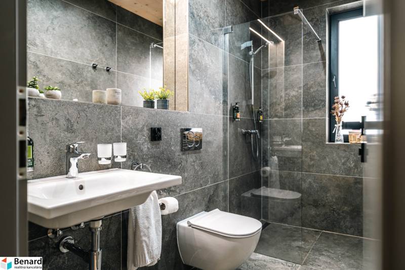 A bathroom in a 2-room apartment with a clear shower and gray tiles, decorated with greenery.