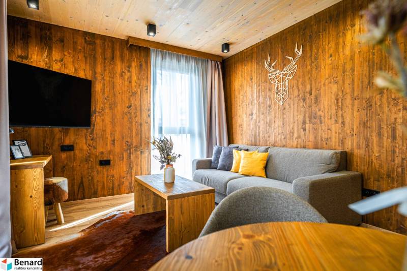 Living room with wooden walls, gray sofa, and wood-patterned flooring in a two-room apartment.