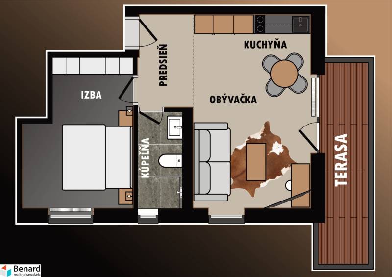 Floor plan of a 2-room apartment with a kitchen, living room, bathroom, bedroom, and terrace.