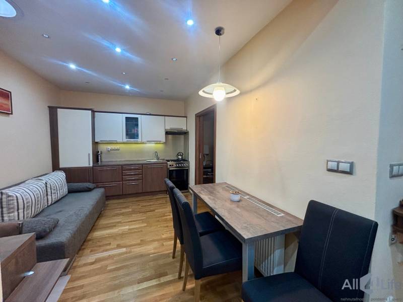Kitchen corner with dining area in a studio apartment with a wood-patterned floor.