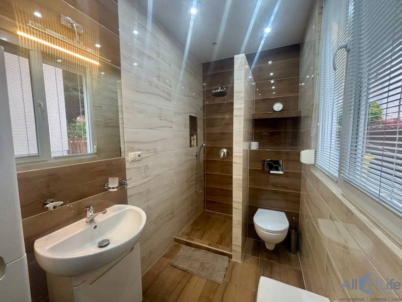 Bathroom with a sink, toilet, and shower enclosure, floor with wood decor.