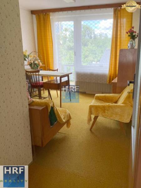 A room in a family house with a chair, table, and a yellow carpet.