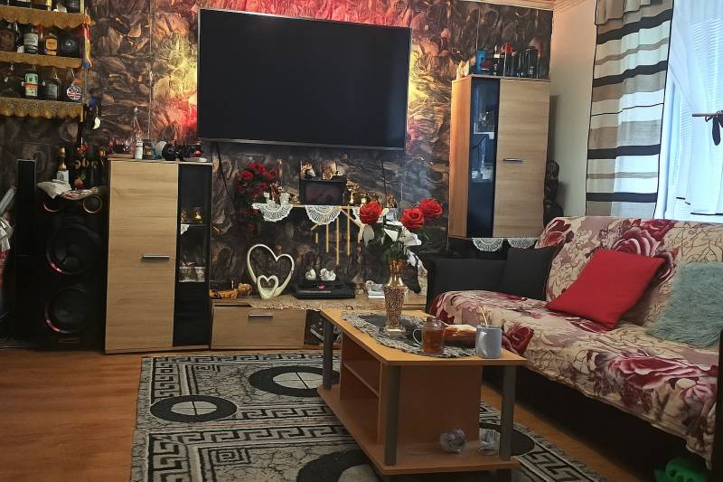 Living room in a two-room apartment with decorative elements and a wooden decor floor.
