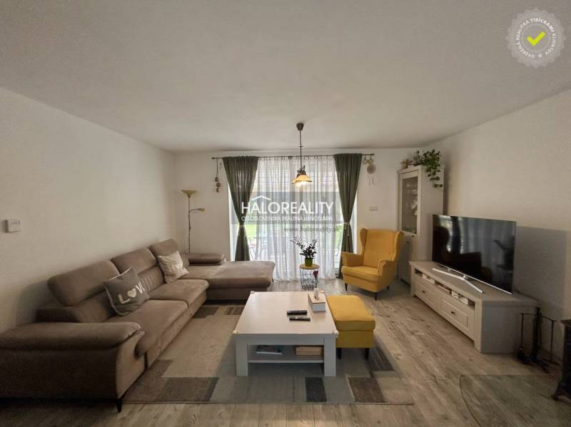Living room in a family house with a sofa, armchair, television, and flowers.