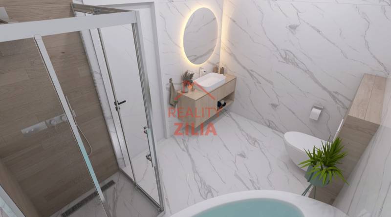 Bathroom with a rectangular mirror, glass shower enclosure, and toilet, floor with wood decor.