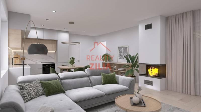 Living room with a corner sofa and a fireplace in a family house with a wooden decor floor.