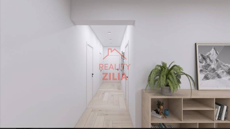 Hallway in a family house with shelves, a plant, and a wooden decor floor.